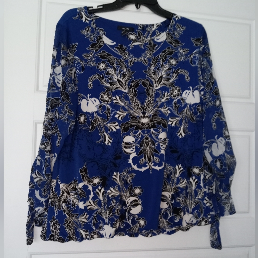 Alfani Blue floral print blouse size large sheer sleeves with bow